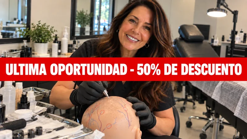 Franja de 50% de descuento sobre foto de especialista de micropigmentación capilar marcando zonas de riesgo vascular en un modelo de práctica